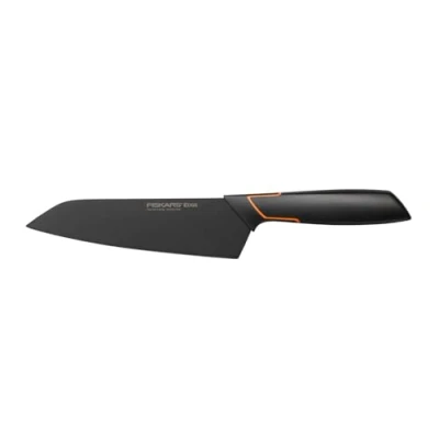 Abbildung von Fiskars Santoku Messer, Modernes Design, Gesamtlänge: 29 cm, Qualitätsstahl/Kunststoff, Edge, 1003097, Schwarz / Orange
