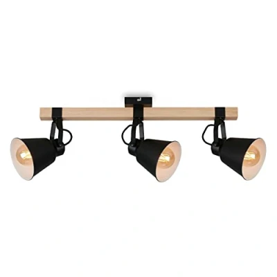 Abbildung von BRILONER Deckenlampe Vintage schwenkbar, Holzbasis, E27 Fassung, Deckenleuchte, Lampe, Wohnzimmerlampe, Schlafzimmerlampe, Küchenlampe, Deckenstrahler, Deckenbeleuchtung, 68x14,5x24 cm, Schwarz