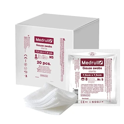 Abbildung von Medrull Mulltupfer Steril 7.5cm x Nicht klebende Wundauflagen Extra saugfähig 8 lagig Verpackt 5 Stück 20 Papierbeuteln (100 Stück)