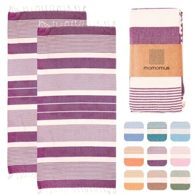 Abbildung von MOMOMUS Pack von 2 Fouta XL oder Strandhandtuch Baumwolle 100% Saugfähig, Ultraweich, Kompakt Strandtuch Fransen und Hamamtuch Dünn Sauna, Spa Pool Violett, 90x180cm