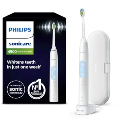 Abbildung von Philips Sonicare ProtectiveClean 4500 elektrische Zahnbürste, Schallzahnbürste mit 2 Putzmodi, Clean und White, Drucksensor, Timer Reiseetui, Weiß, Modell HX6839/28