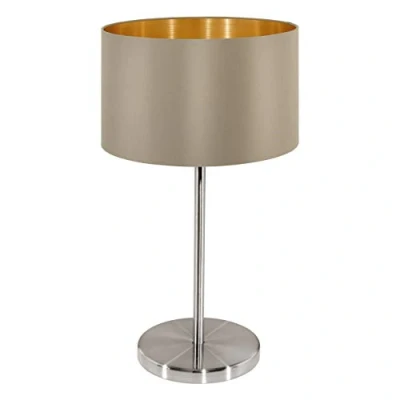 Abbildung von EGLO Tischlampe Maserlo, 1 flammige Textil Tischleuchte, Nachttischlampe aus Metall in Silber und Stoff Taupe, gold, E27 Fassung, inkl. Schalter