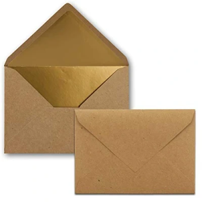 Abbildung von Kuverts in Kraftbraun 50 Stück Brief Umschläge DIN C6 11,4 x 16,2 cm Naßklebung Gold Metallic Fütterung ohne Fenster für Einladungen