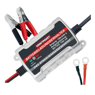 Abbildung von Dino KRAFTPAKET 750mAh 6V/12V Erhaltungsladegerät/Intelligentes und voll automatisches Ladungserhaltungsgerät/Für Blei Säure, GEL, EFB, AGM Batterie/KFZ Batterie Ladegerät Auto, Motorrad, PKW, Boot