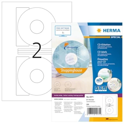 Abbildung von HERMA 4471 CD DVD Etiketten inkl. Zentrierhilfe blickdicht, 100 Blatt, Ø 116 mm, 2 pro A4 Bogen, 200 Stück, selbstklebend, bedruckbar, matt, blanko Papier Klebeetiketten Aufkleber, weiß