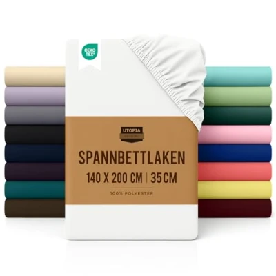 Abbildung von Utopia Bedding Spannbettlaken 140x200cm Weiß Gebürstete Polyester Mikrofaser Spannbetttuch 35 cm Tiefe Tasche
