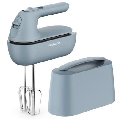Abbildung von Kenwood Handmixer QuickMix Go HMP40.000GY, tragbar dank integriertem Koffer, Inklusive Edelstahl Schneebesen &amp; Knethaken, Messlöffel, 350W, Grau Blau