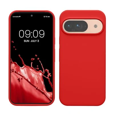 Abbildung von kwmobile Hülle kompatibel mit Google Pixel 9 / Pro Silikon Handy Case Handyhülle weiche Oberfläche kabelloses Laden Klassisch Rot