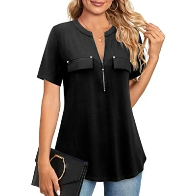 Abbildung von Amrto Damen Kurzarm T Shirt Sommer Casual Reißverschluss Tunika Tops V Ausschnitt Arbeiten Bluse Einfarbig, Schwarz, L
