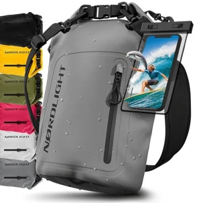Abbildung von Nordlight Dry Bag wasserdichte Tasche mit Handyhülle + Roll Top, Schultergurt Drybag wasserfester Rucksack Beutel Packsack Seesack Wassersack Wetbag Baden Schwimmen Strand SUP Grau, 20 Liter