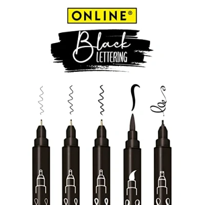 Abbildung von Online 5X Fineliner Schwarz wasserfest mit Brush Pen, Spitzen und Kalligrafie Spitze Black Handlettering Set Tuschestifte für Bullet Journal, Sketchnotes &amp; DIY Geschenke