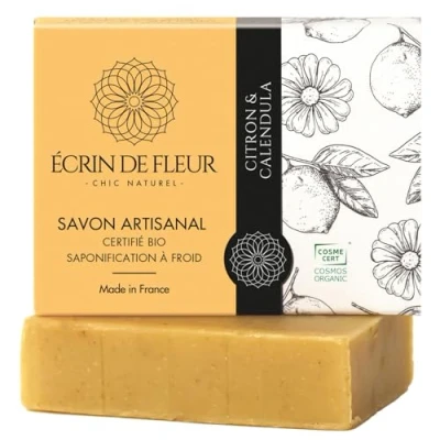 Abbildung von Écrin de Fleur Feste Bio Seife mit Zitronen und Ringelblumen, handgemacht Zitronenschale Kaffir Limettenöl Spritziger köstlicher Duft, der deinen Tag versüßt, 1x90g