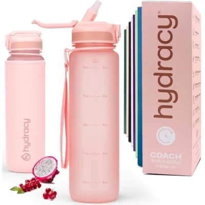 Abbildung von Hydracy Trinkflasche mit Strohhalm und Zeitmarkierung 1L Wasserflasche BPA freie Auslaufsichere Sportflasche Kondensationsfrei für Sport Outdoor
