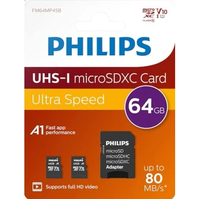 Abbildung von Philips Ultra Speed microSDXC Card 2x 64 GB + SD Adapter UHS I U1, Lesegeschwindigkeit bis zu 80 MB/s, A1 Fast App Performance, V10, Speicherkarte für Smartphones, Tablet, PC,Card Reader,Full HD Video