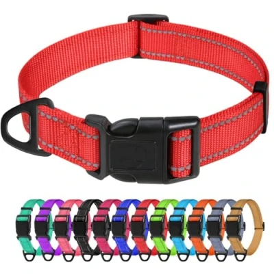 Abbildung von TagME Nylon Hundehalsband, Verstellbares Reflektierendes Hundehalsband mit Sicherheitsschnalle für Kleiner Hund, Rot, 1.5cm Breite