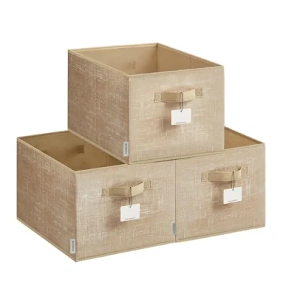 Abbildung von SONGMICS Aufbewahrungsbox 3er Set, zusammenklappbar, Stoffboxen aufbewahren, 40 x 30 24 cm, für Kleiderschrank, 2 Griffe, Etikette, Schlafzimmer Wohnzimmer, sandbeige ROB440K01