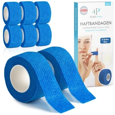 Abbildung von Fingerpflaster Selbsthaftend 8x Pflaster Rolle (2,5cm x 4,5m) Verband Selbstklebend Elastisches Tape wasserfest Staub , Fett und Schmutzabweisendes Pflasterband (Blau, 8 Rollen)