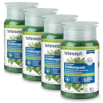 Abbildung von tetesept Meeressalz Erkältungszeit Bad Gesundheitsbad für die kalte Jahreszeit mit 6 ätherischen Ölen Wohltuender Badezusatz natürlichem 4 x 600 g [Die Verpackung kann variieren]