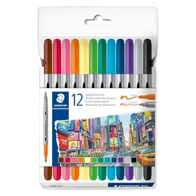 Abbildung von STAEDTLER 3200 Doppelfasermaler, zwei Spitzen für schmale und breite Linien, Etui mit 12 Doppelfasermalern in sortierten Farben, C12