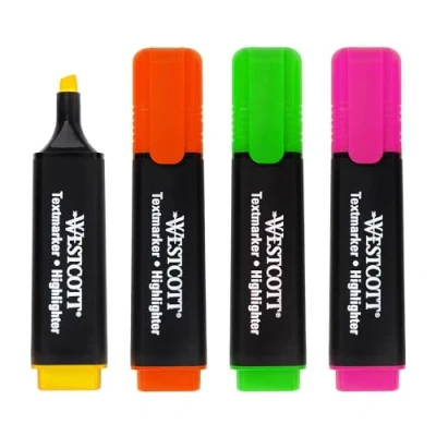 Abbildung von Westcott Textmarker 4 Stück in Grün, Gelb, Orange, Pink 4er Pack Highlighter Marker leuchtenden Farben 2 5 mm Strichstärke Premium Tinte aus Deutschland E 744249 00