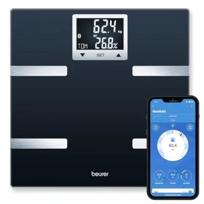 Abbildung von Beurer BF 720 Diagnosewaage mit Bluetooth(R) Verbindung zur Smartphone App, Bestimmung von Körpergewicht, Körperfett, Muskelanteil und Kalorienbedarf AMR/BMR, Schwarz, LCD
