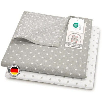 Abbildung von ZOLLNER 2er Set Musselin Spucktücher in 120x120 cm aus Baumwolle hautfreundliche Mulltücher mit süßen Sternen besonders weich und saugstark waschbar bis 60C grau weiß