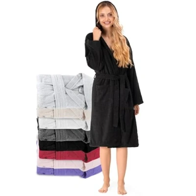 Abbildung von Bademantel Damen 100% Baumwolle (350g/m²) OEKO TEX® Zertifiziert Morgenmantel mit Kapuze, 2 Taschen, Gürtel Schwarz M