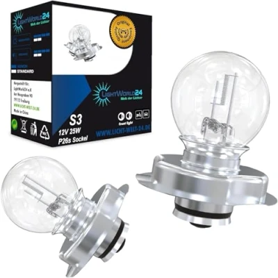 Abbildung von LIGHTWORLD24 S3 P26s 12V 25W Roller Moped Motoroller Scooter Motorrad Superhelle Scheinwerfer Lampe Frontscheinwerfer Glühbirnen 2er SET