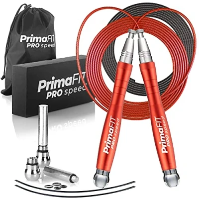 Abbildung von PrimaFIT Springseil Erwachsene Fitness Pro Speed Jump Rope 3m Seilspringen Verstellbar Mit Gewichten, 2 Kugellager &amp; Anti Rutsch Griffe, Profi Skipping Für Boxen, MMA, Crossfit, Extra Stahlseil,Tasche