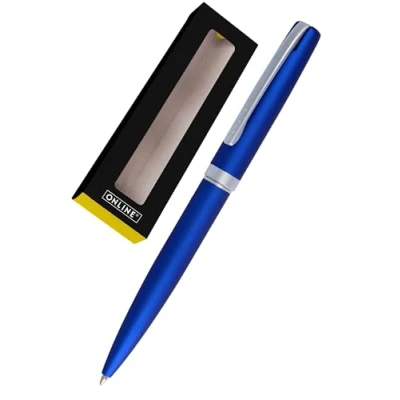 Abbildung von ONLINE Eleganza I Metall Farbe Satin Blau auswechselbare Großraummine Metallclip Schreibfarbe Schwarz Kugelschreiber inkl. Geschenkverpackung,, 1 Stück (1er Pack)