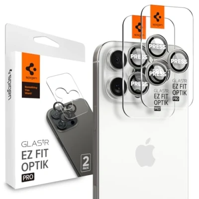 Abbildung von Spigen Glas.tR EZ Fit Optik Pro Kameraschutz kompatibel mit iPhone 16 Pro, Max, 2 Stück, Titan Weiß, Individuelle Kameraprotektion, Anti Kratzer