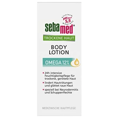 Abbildung von Sebamed Trockene Haut Omega 12% Körperlotion, lindert spürbar Hautrötungen, Rauheit und Schuppung bei , ist speziell Neurodermitis Schuppenflechte geeignet