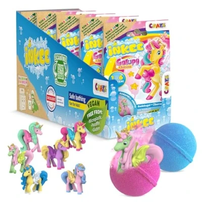 Abbildung von INKEE GALUPY Unicorn 5er Set Badebomben Kinder mit Überraschung komplettes Thekendisplay, 5x Badekugeln Einhornfiguren, Karamellduft &amp; Jojobaöl