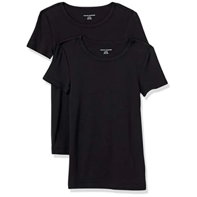 Abbildung von Amazon Essentials Damen Kurzärmeliges T Shirt mit Rundhalsausschnitt, Schmale Passform, 2er Pack, Schwarz, M