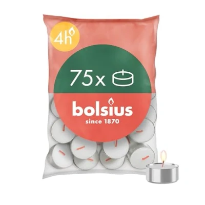 Abbildung von Bolsius D light Teelichter 75 Stück im Beutel Länge Brenndauer 4 Stunden Dekorative Haushaltkerzen Weiß Enthält Natürliches Pflanzenwachs Ohne Palmöl
