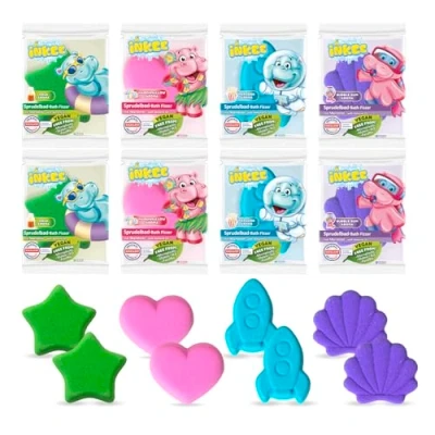 Abbildung von INKEE Bath Fizzer Mix 8er Pack 8x Sprudelbad Kinder Badebomben mit Mandelöl, Badekugeln 20g Aroma 4 verschiedene Fraben, Duften und Formen