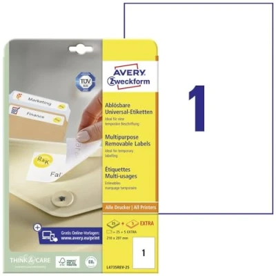 Abbildung von AVERY Zweckform L4735REV 25 Universal Etiketten (25 plus 5 Klebeetiketten extra, 210x297mm auf A4, wieder rückstandsfrei ablösbar/abziehbar, bedruckbar, selbstklebende Aufkleber) 30 Blatt, weiß