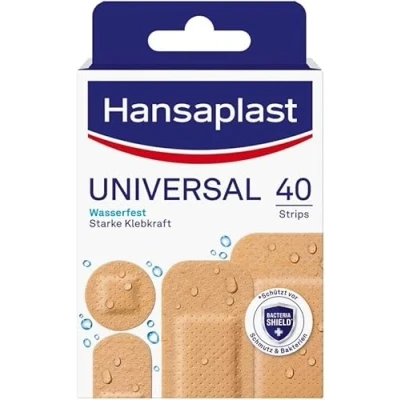 Abbildung von Hansaplast Universal Pflaster (40 Strips), schmutz und wasserabweisende Wundpflaster, Set mit starker Klebkraft &amp; Bacteria Shield