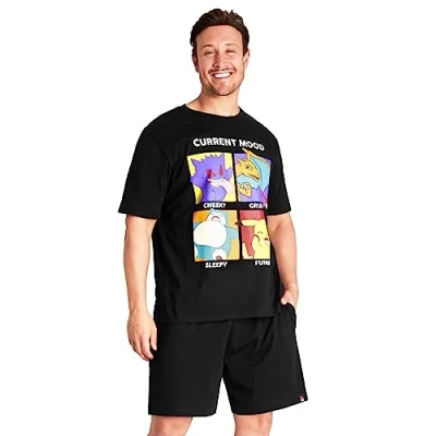 Abbildung von Pokemon Short Pyjama für Jungen und Männer Set Herren Erwachsene aus Baumwolle Zweiteiliger Sommer Nachtwäsche mit Gummizug (Schwarz,XL)