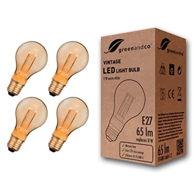 Abbildung von greenandco 4x Vintage Design LED Birne zur Stimmungsbeleuchtung E27 A60 gold 2W 65lm 1800K extra warmweiß 320 230V flimmerfrei nicht dimmbar Edison Glühbirne