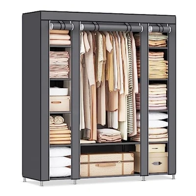 Abbildung von SONGMICS Kleiderschrank, Stoffschrank, 12 mit Kleiderstange und Ablagen, Stabiler Schrank, für Schlafzimmer, Ankleidezimmer, 150 x 45 175 cm, grau LSF03G
