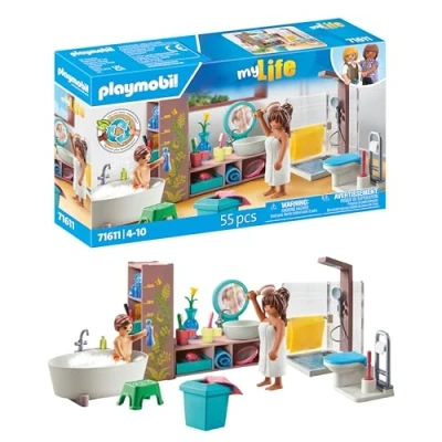 Abbildung von PLAYMOBIL MyLife 71611 Badezimmer, inklusive Zwei Figuren und zahlreichen Accessoires, zu über 80 % aus recycelten biobasierten Materialien, detailreiches Spielzeug für Kinder ab 4 Jahren