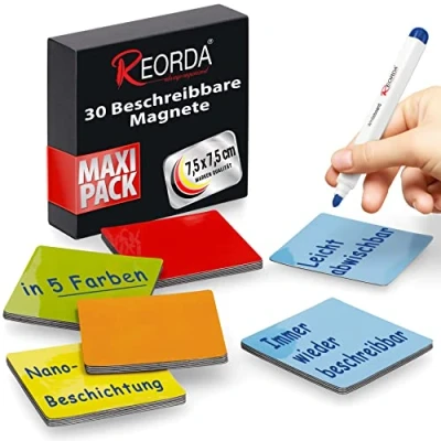 Abbildung von Reorda® Magnetstreifen beschreibbar 30 Stück wiederbeschreibbar 7,5 x cm (Bunt) Beschreibbare Magnete für Whiteboard, Kanban, Magnettafel oder als beschriftbare den Kühlschrank
