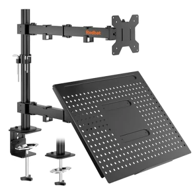 Abbildung von Redbat Monitorarm mit Laptopfach, Dual Screens, Voll einstellbar für 13 bis 32 Zoll LCD LED Bildschirm 8kg &amp; Notebook 16 Zoll, Neigen, Schwenken Drehen, 2 Befestigungsmöglichkeiten