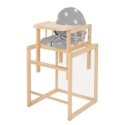 Abbildung von roba Kombi Hochstuhl, Hochstuhl mit Essbrett wandelbar zu Tisch &amp; Stuhl, Kinderhochstuhl Holz natur, Sitz gepolstert Folie ‚Little Stars‘ 7512F190