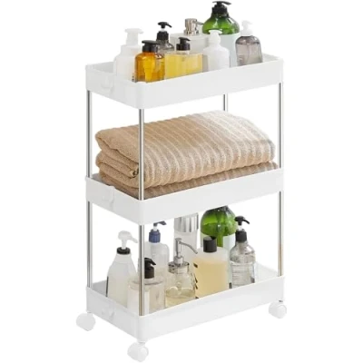 Abbildung von SONGMICS Rollwagen, Aufbewahrungswagen, rollendes Regal, 3 Ebenen, platzsparend, für Badezimmer, Küche, Büro, 40 x 22 60 cm, Weiß KSC009W01