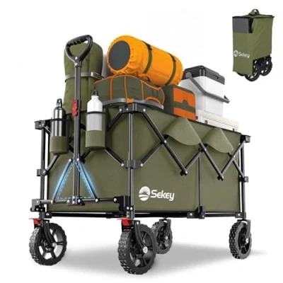 Abbildung von Sekey XXL Plus Bollerwagen Faltbar 200L 150KG Tragkraft, Faltbarer Geländetauglich mit Bremsen, Handwagen Patentiert Klappbar aus Vier Richtungen, PlusG 4010, Olivgrün