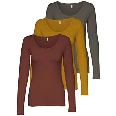 Abbildung von ONLY 3er Pack Damen Langarmshirt schwarz und weiß Langarm Basic Longsleeve Sommer aus 95% Baumwolle XS S M L XL 15209156 (3er Farb Mix 3, S)
