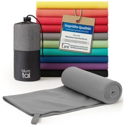 Abbildung von Blumtal Mikrofaser Handtuch 120x60 cm Sporthandtuch aus schnelltrockneder Fitness Sport Handtücher Fitnessstudio Fitnesshandtuch Gym Towel Grau