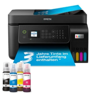 Abbildung von Epson EcoTank ET 4800 A4 Multifunktions Wi Fi Tintentankdrucker, mit einem im Lieferumfang enthaltenen Vorrat an Tinten bis zu 3 Jahren